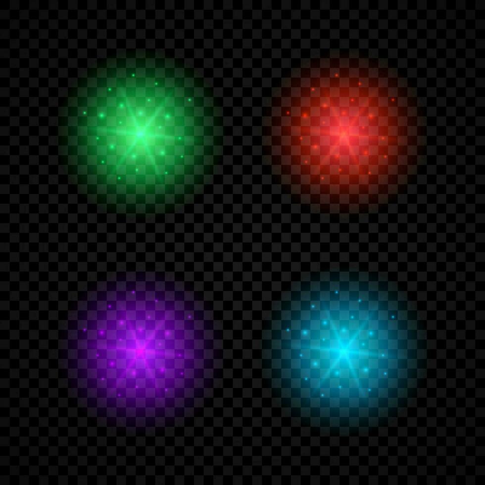 Light effect of lens flares. Set of four green, red, purple and blue glowing lights starburst effects with sparkles on a dark vector