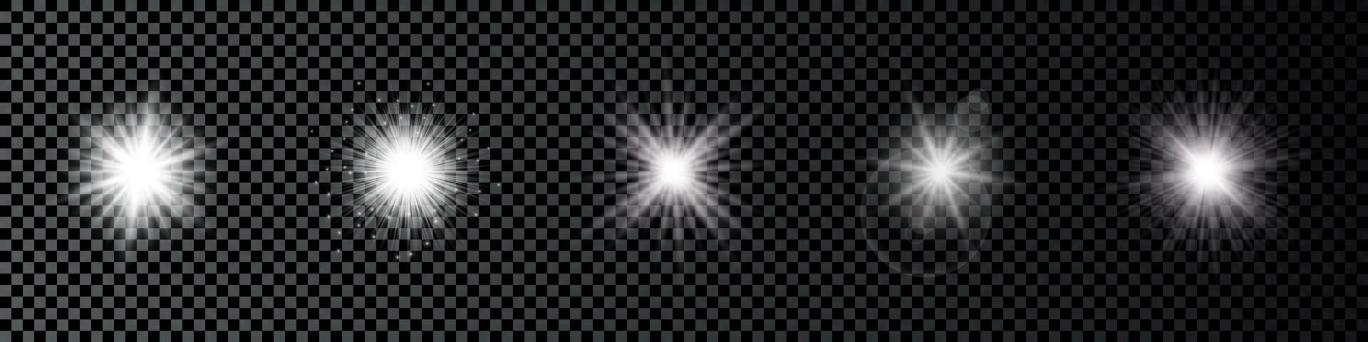 Light effect of lens flares. Set of five white glowing lights starburst effects with sparkles vector