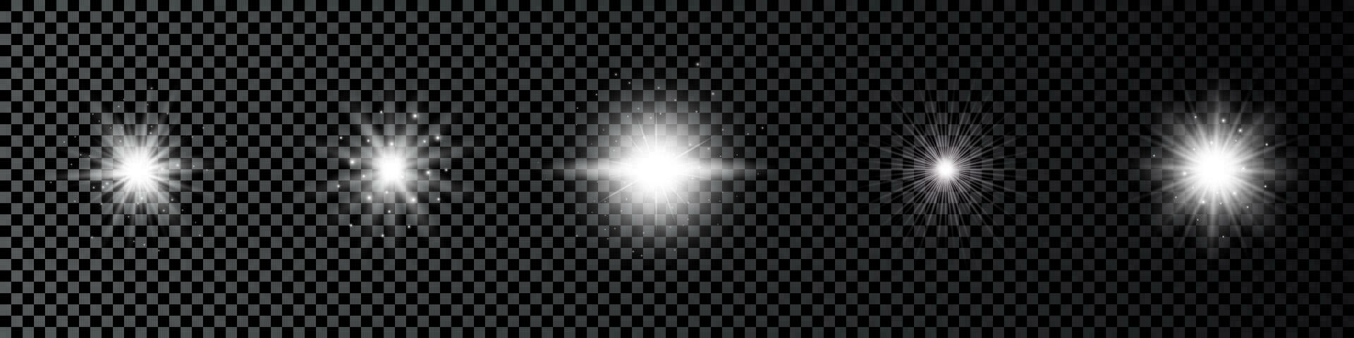 Light effect of lens flares. Set of five white glowing lights starburst effects with sparkles vector