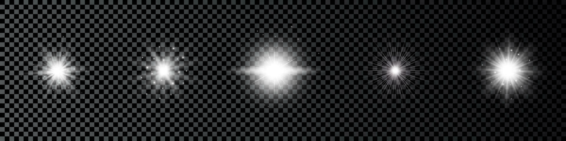 Light effect of lens flares. Set of five white glowing lights starburst effects with sparkles vector