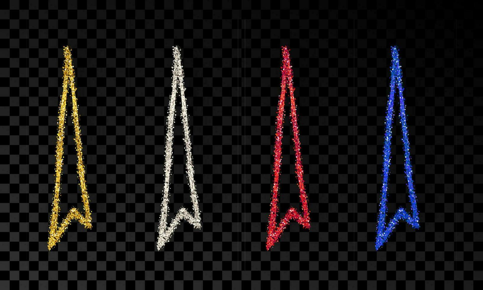 Set of four doodle hand drawn arrows with gold, silver, blue and red glitter effect on dark vector