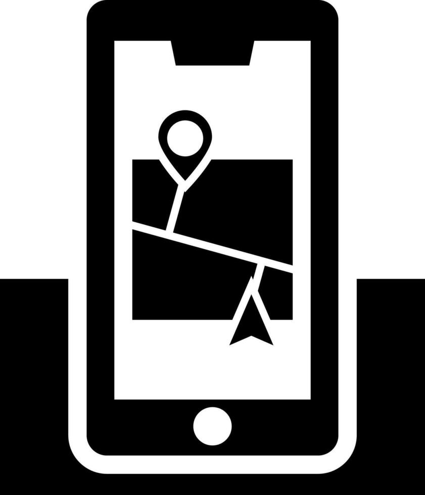GPS cartografía en teléfono inteligente negro y blanco icono o símbolo. vector