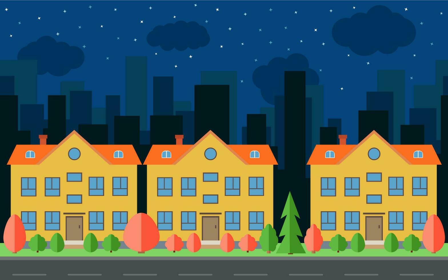 Vector night city with three cartoon houses and buildings. City space with road on flat style background concept. Summer urban landscape. Street view with cityscape on a background