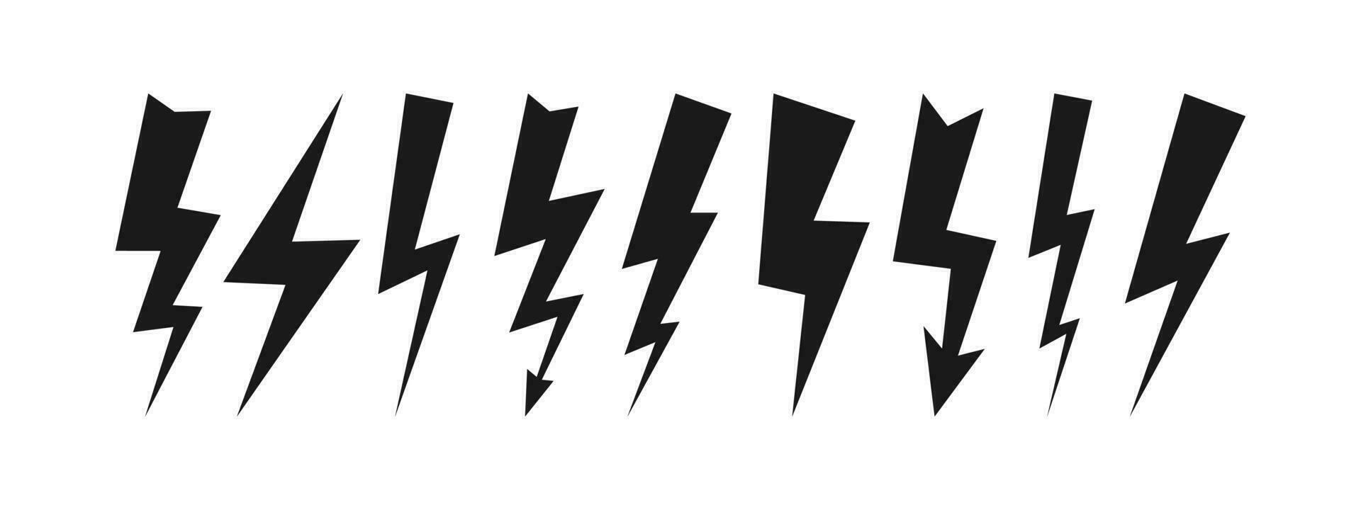 Set of nine dark thunderstorms. Thunderbolt and high voltage black icons on white background. Vector illustration.