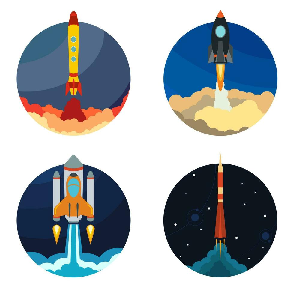 Set of four illustrations with space rocket ship launch. Vector illustration.