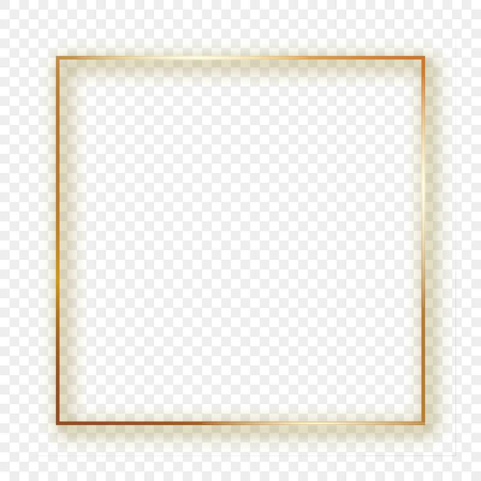 Gold glowing square frame with shadow isolated on background. Shiny frame with glowing effects. Vector illustration.