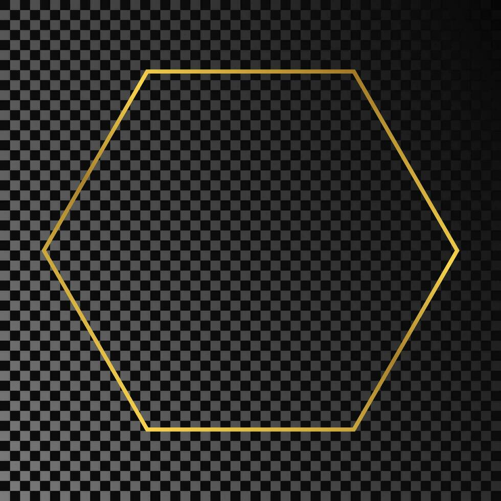 Gold glowing hexagon frame isolated on dark background. Shiny frame with glowing effects. Vector illustration.