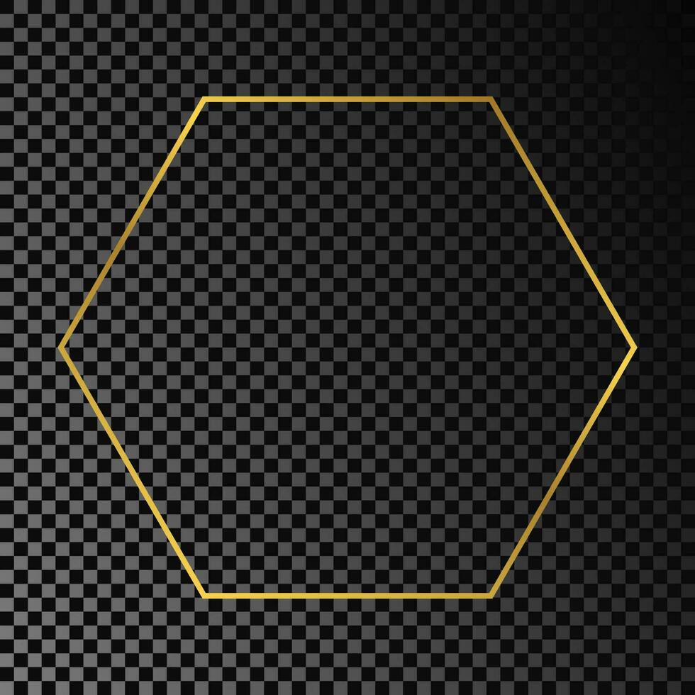 Gold glowing hexagon frame isolated on dark background. Shiny frame with glowing effects. Vector illustration.