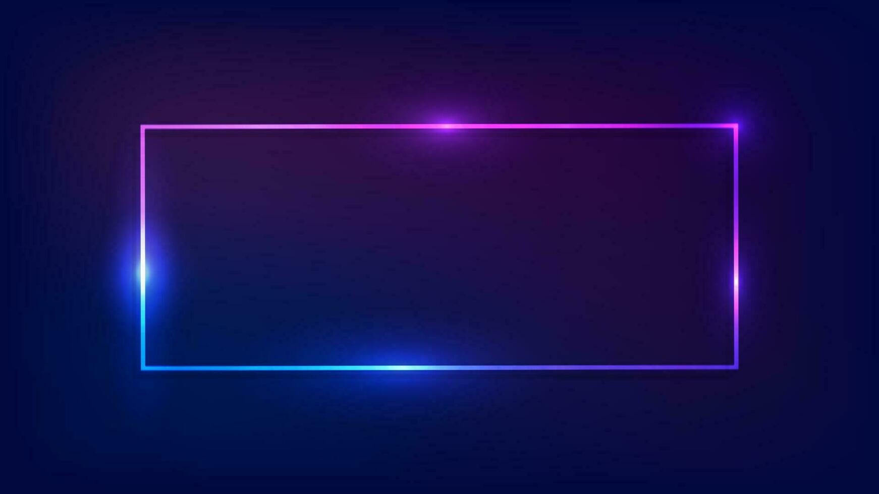 Neon rectangular frame with shining effects on dark background. Empty glowing techno backdrop. Vector illustration.