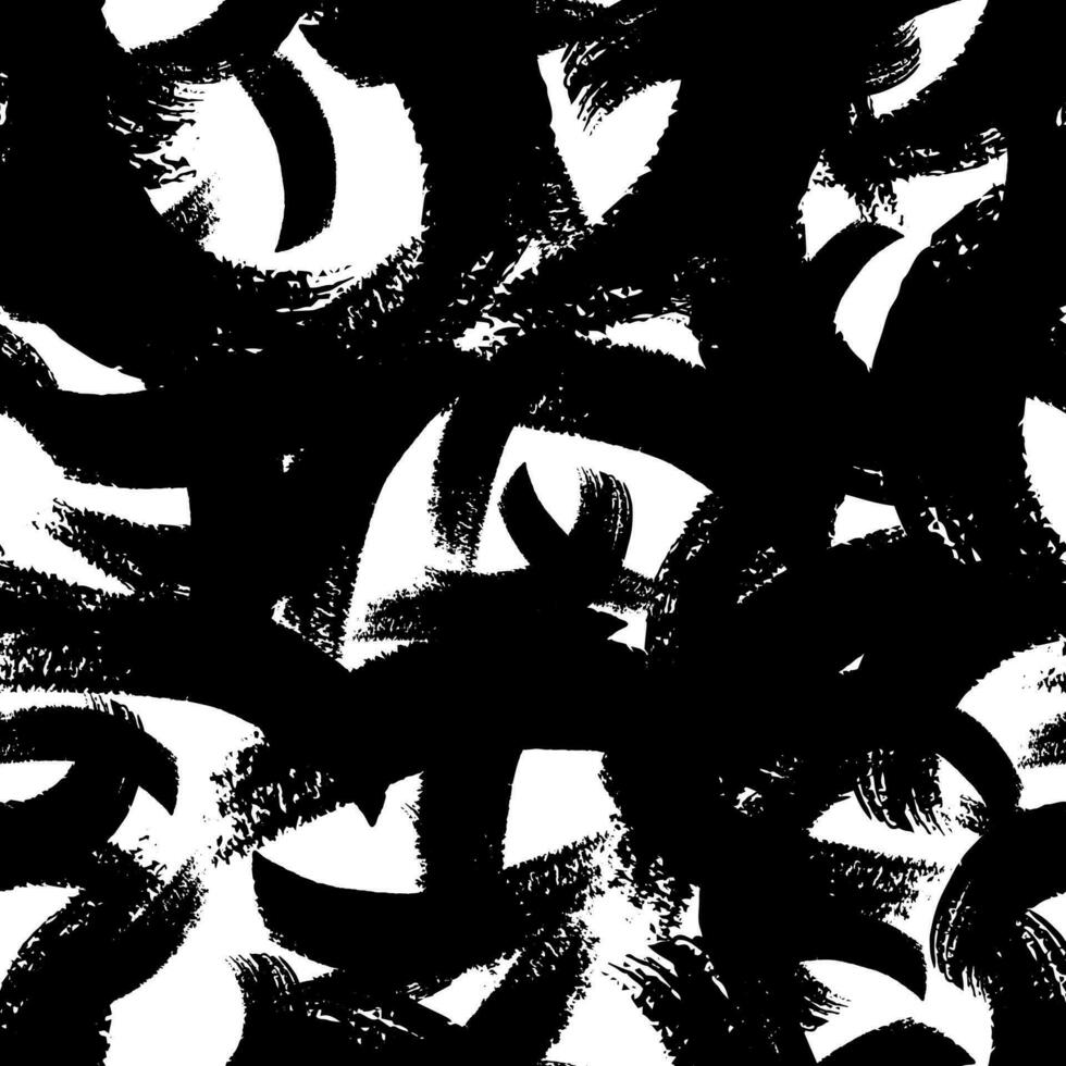 Seamless pattern with black brushstrokes in abstract shapes on white background. Abstract ink grunge texture. Vector illustration