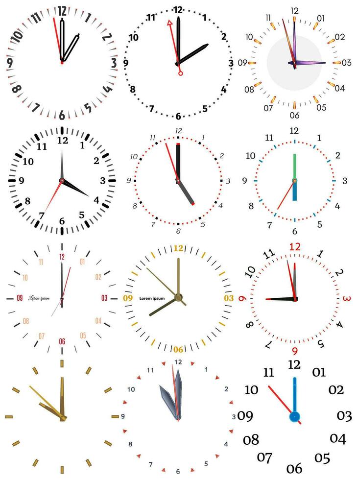 un conjunto de diferente mecánico relojes con un imagen de cada de el doce horas. reloj cara en blanco antecedentes. vector