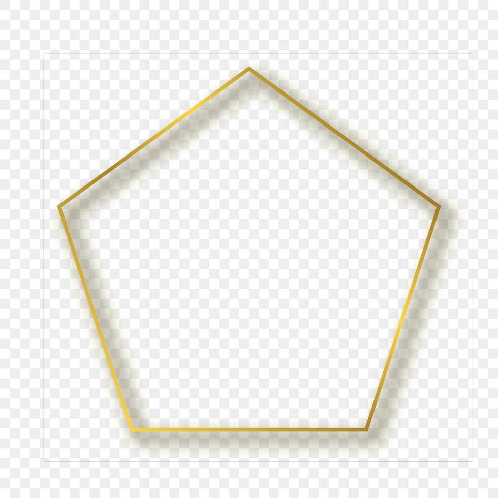 Gold glowing pentagon shape frame with shadow isolated on background. Shiny frame with glowing effects. Vector illustration.