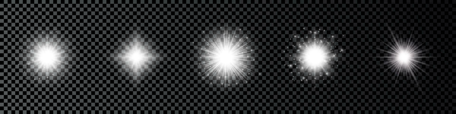 Light effect of lens flares. Set of five white glowing lights starburst effects with sparkles vector