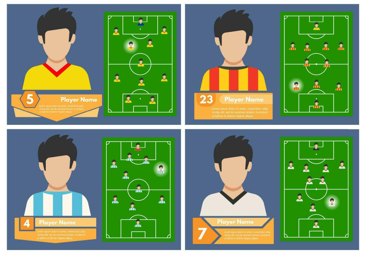 conjunto de cuatro fútbol americano jugadores con un posición en el campo dónde ellos jugar. fútbol campo para jugando. vector ilustración