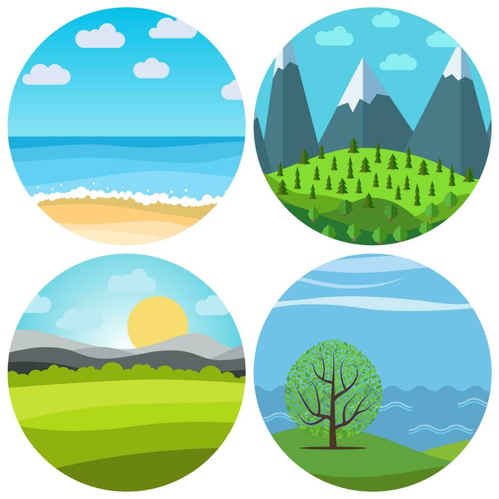 Set of four different vector cartoon landscape in circle. Natural landscape in the flat style.