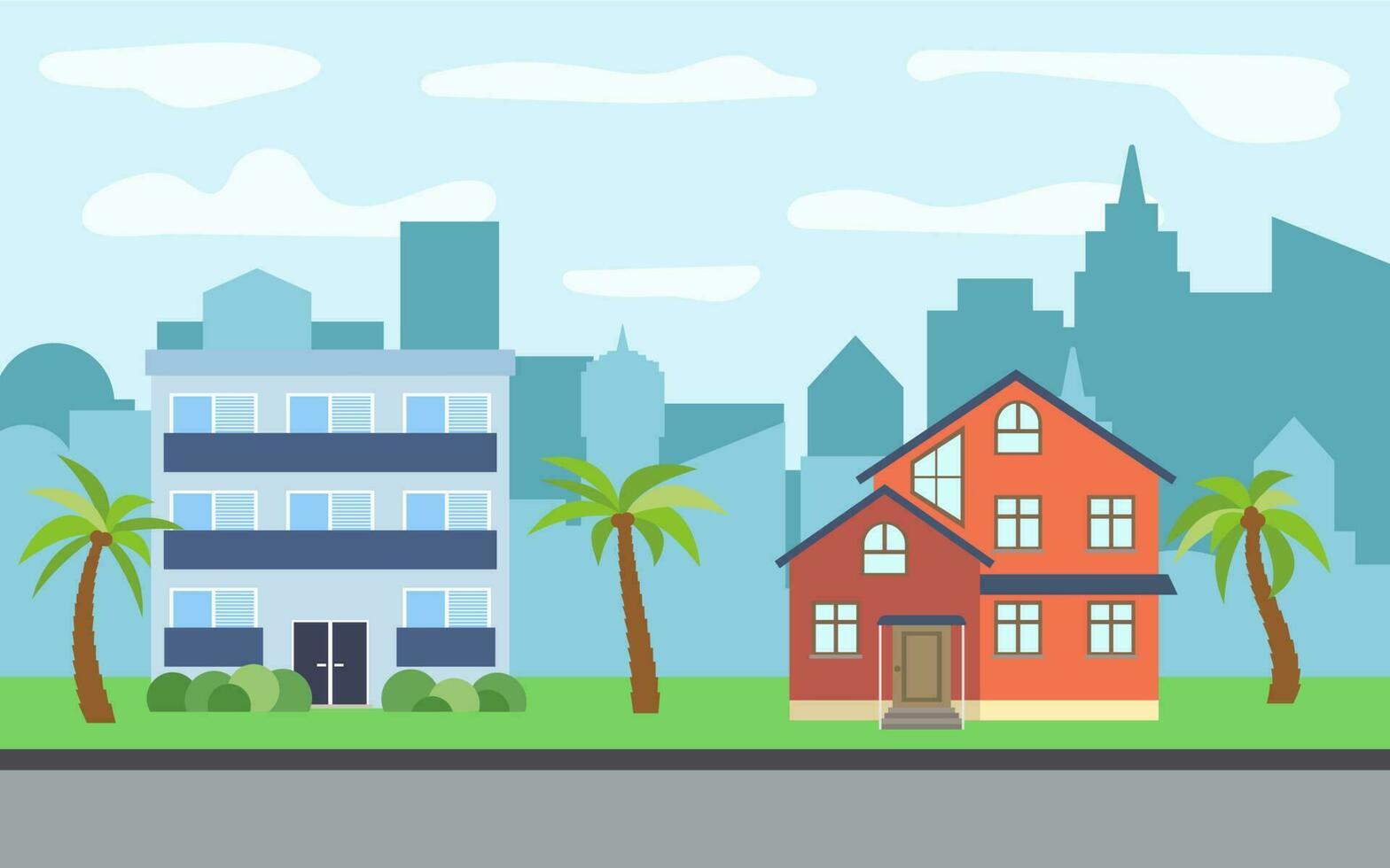 Vector city with two three-story cartoon houses and palm trees in the sunny day. Summer urban landscape. Street view with cityscape on a background