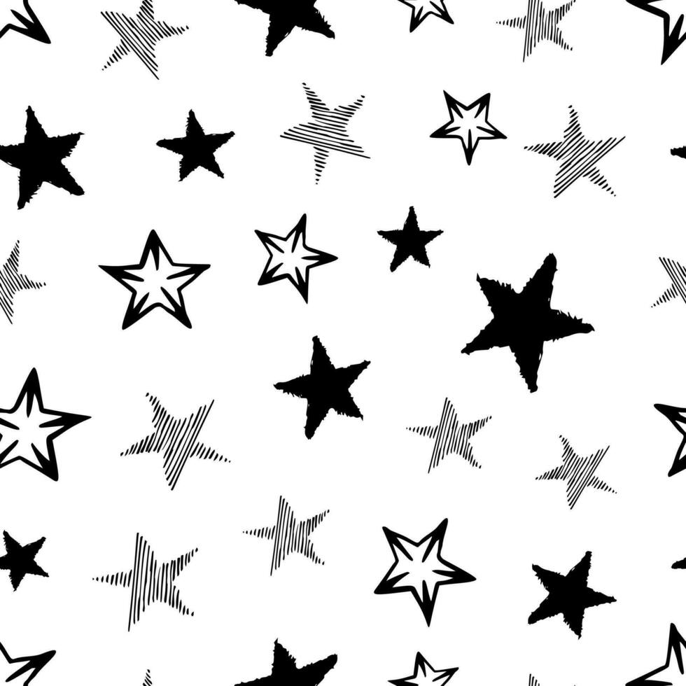 Seamless background of doodle stars. Black hand drawn stars on white background. Vector illustration