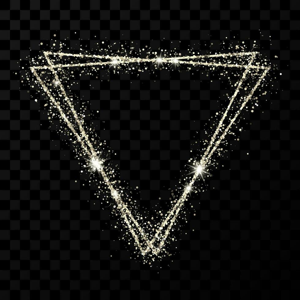 Silver double triangle frame. Modern shiny frame with light effects isolated on dark vector
