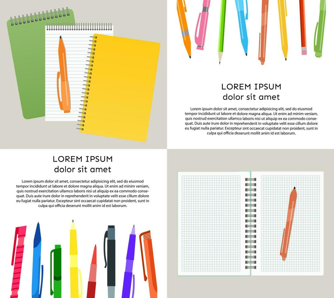 Set of four vector illustration with notebooks, pens and pencils.