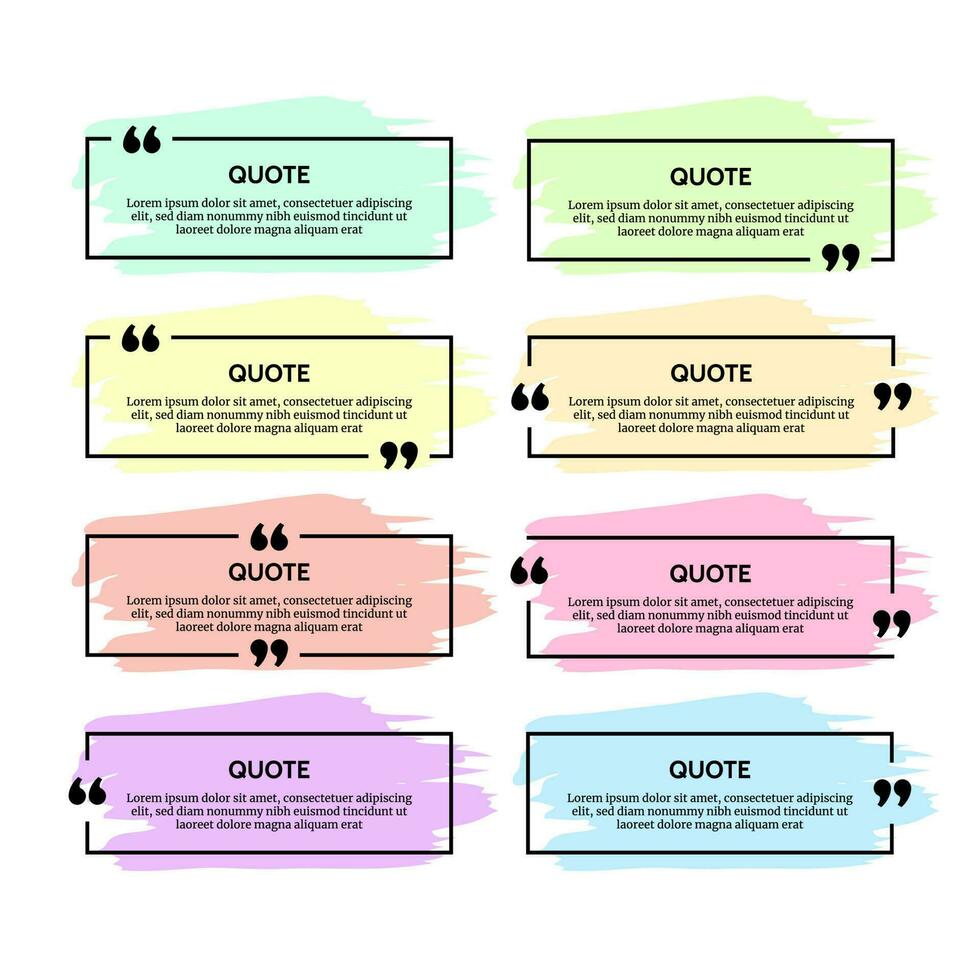 Set of eight black rectangular quote box frames with colour smears isolated on white background. Vector illustration