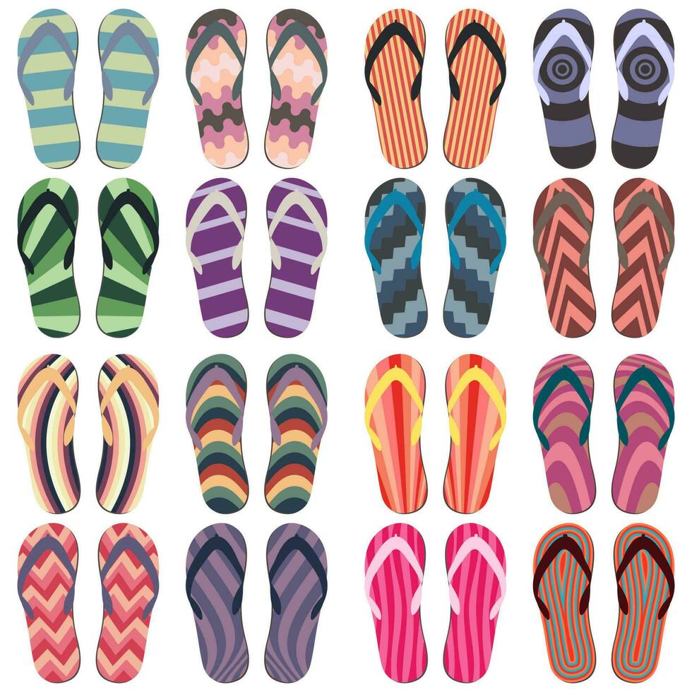 Set of Beach Slippers. Colorful Summer Flip Flops Isolated on White Background vector