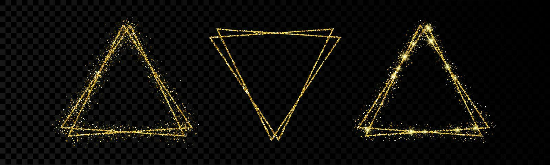 Shiny frames with glowing effects. Set of three glitter gold double triangle frames vector