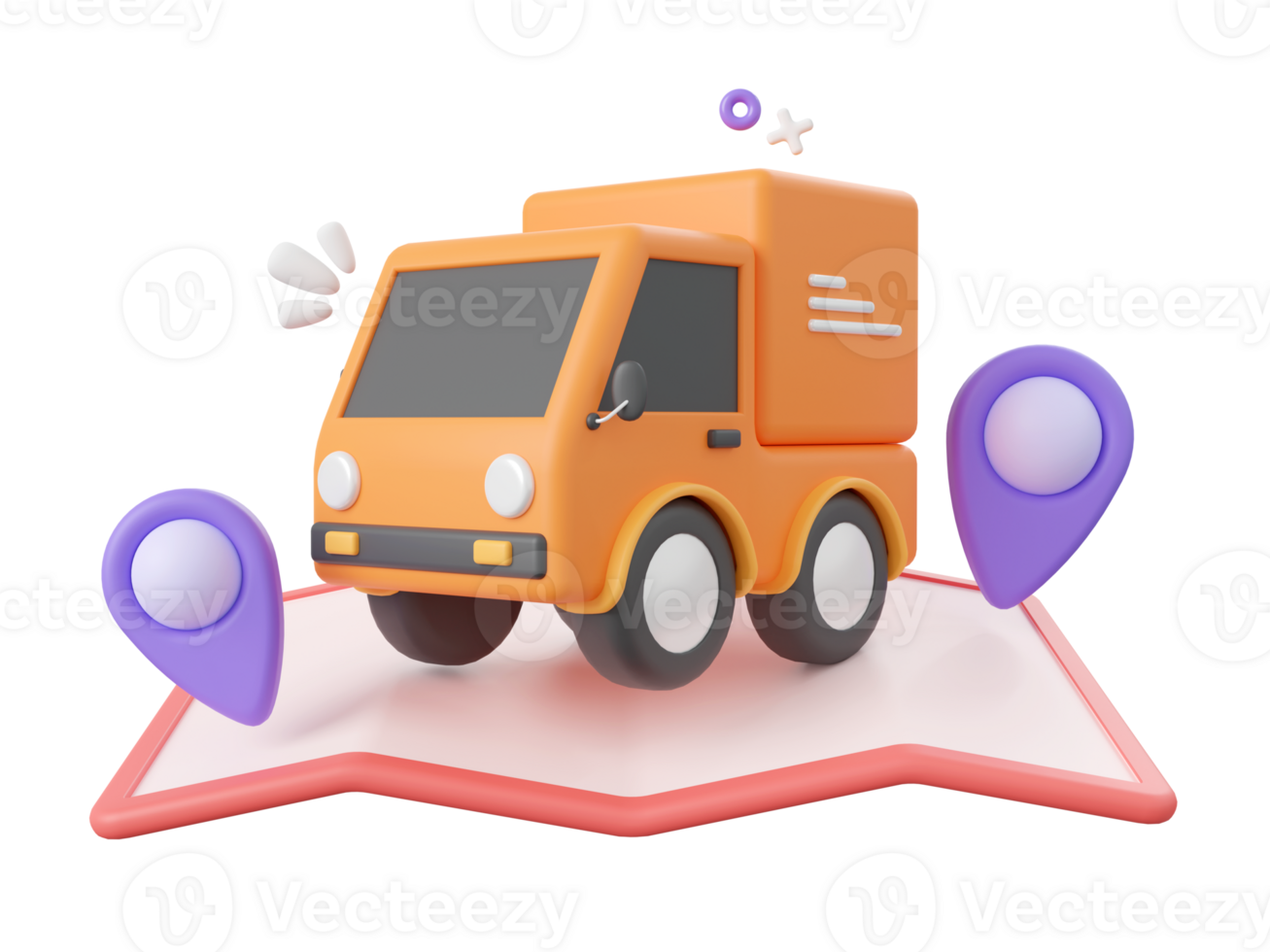 3d tecknad serie design illustration av leverans service, leverans lastbil med stift på Karta. png