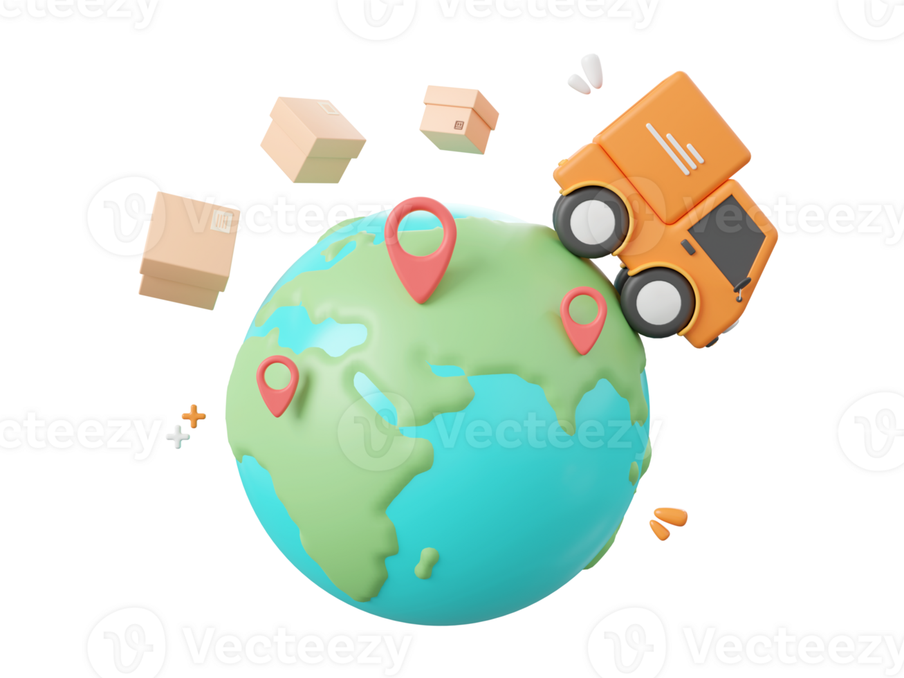 3d cartoon design illustration of Delivery truck shipping parcel boxes with pin on globe, Global shopping and delivery service concept. png