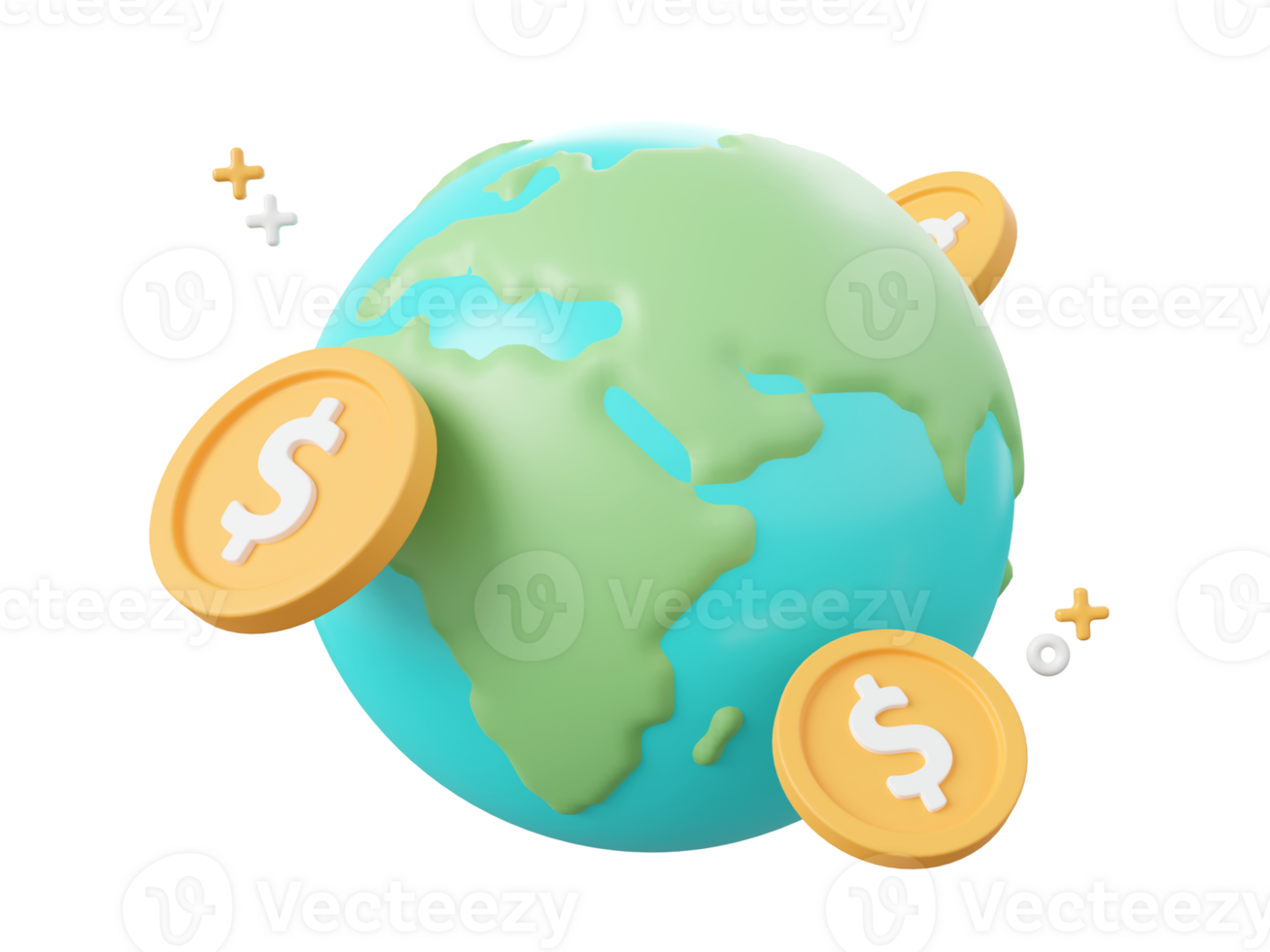 3d cartoon design illustration of Globe with dollar coins, Investment and savings concept. png