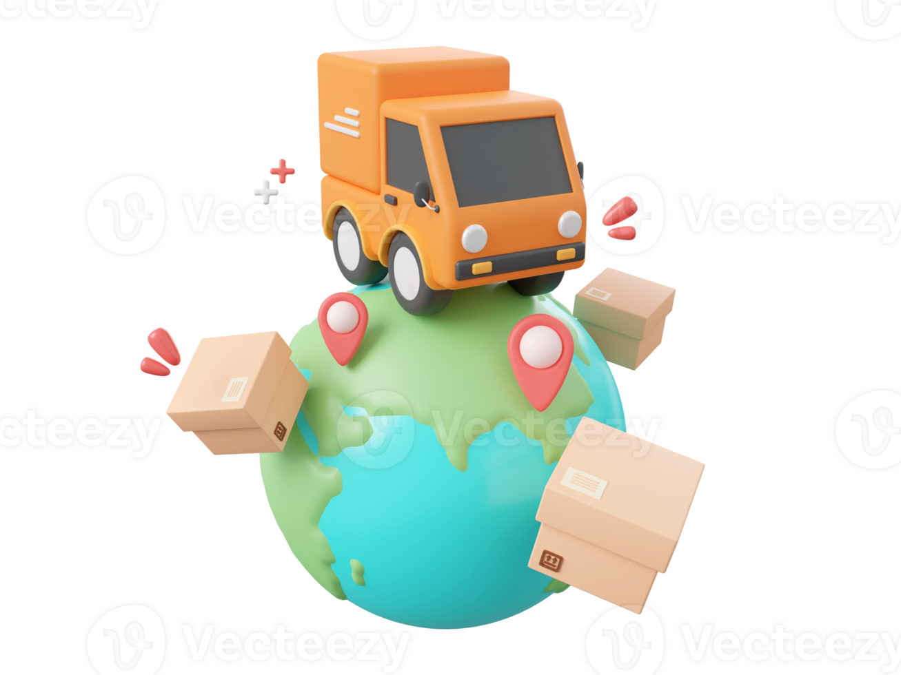 3d cartoon design illustration of Delivery truck shipping parcel boxes with pin on globe, Global shopping and delivery service concept. png