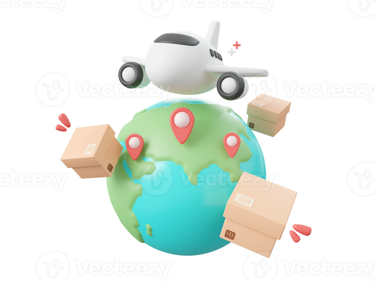 3d cartoon design illustration of Delivery airplane shipping parcel boxes with pin on globe, Global shopping and delivery service concept. png