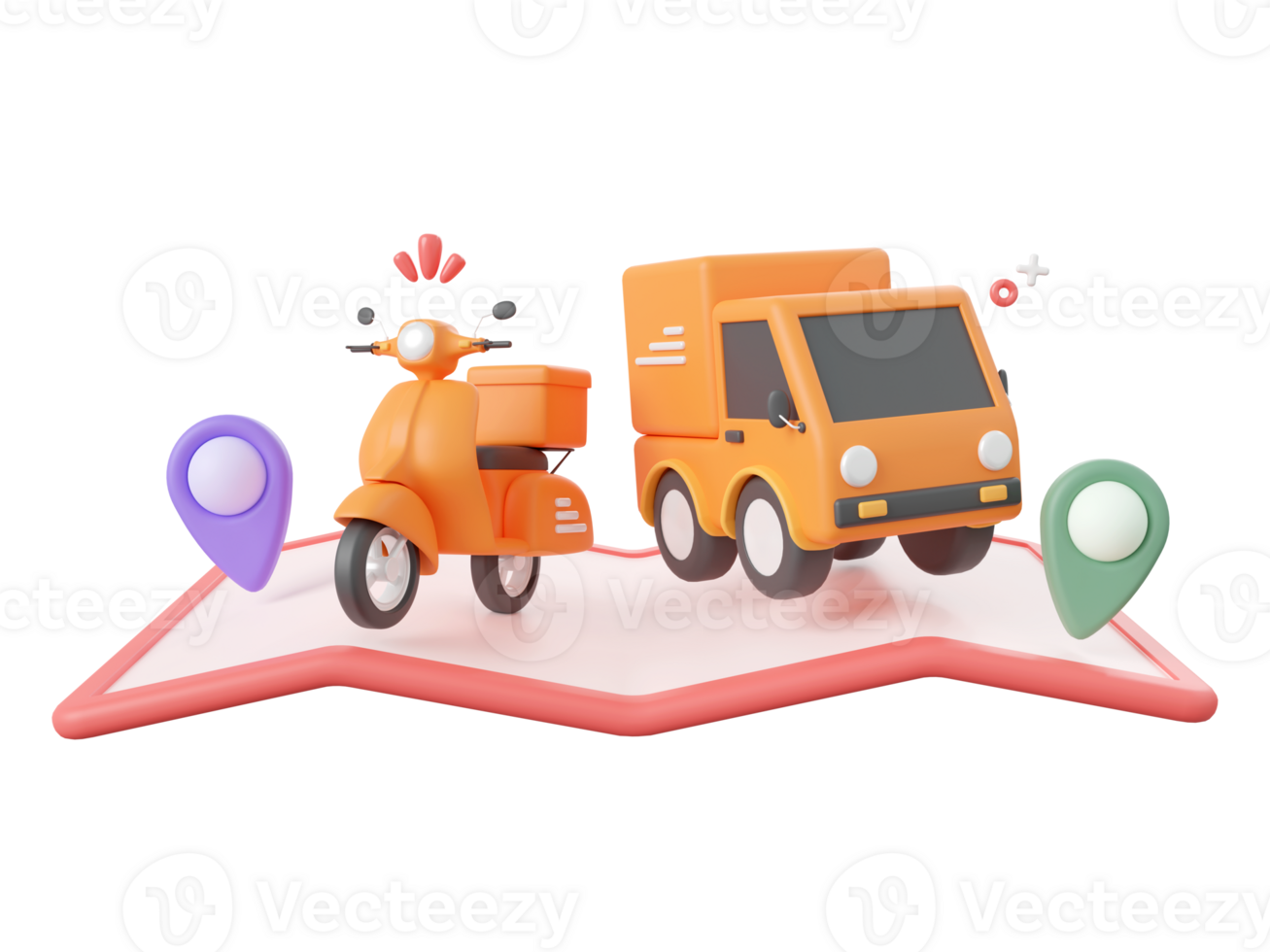 3d tecknad serie design illustration av leverans service, leverans lastbil och scotter med stift på Karta. png