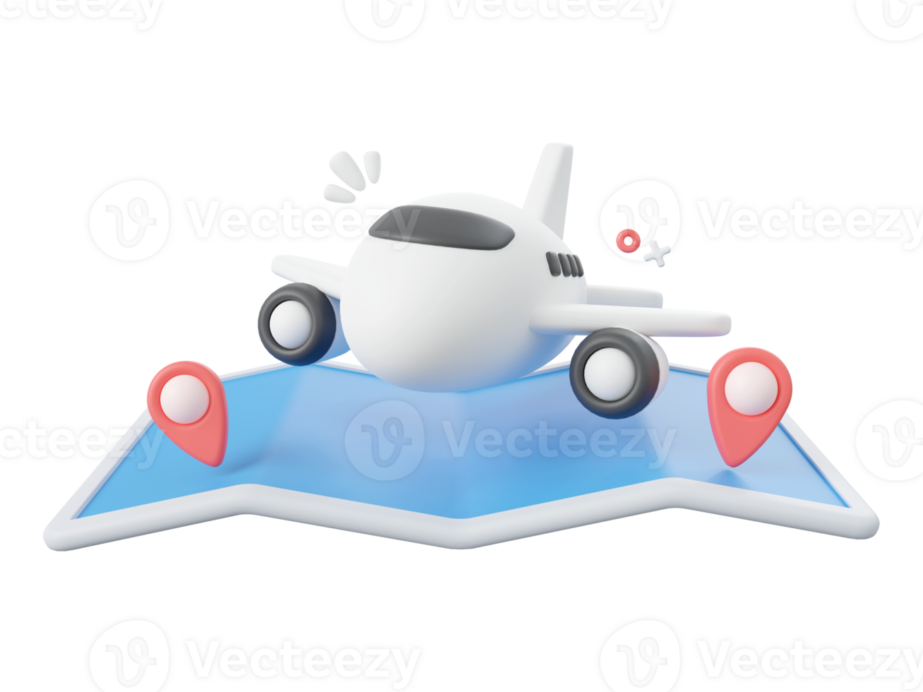 3d cartoon design illustration of Airplane with pins on map. png