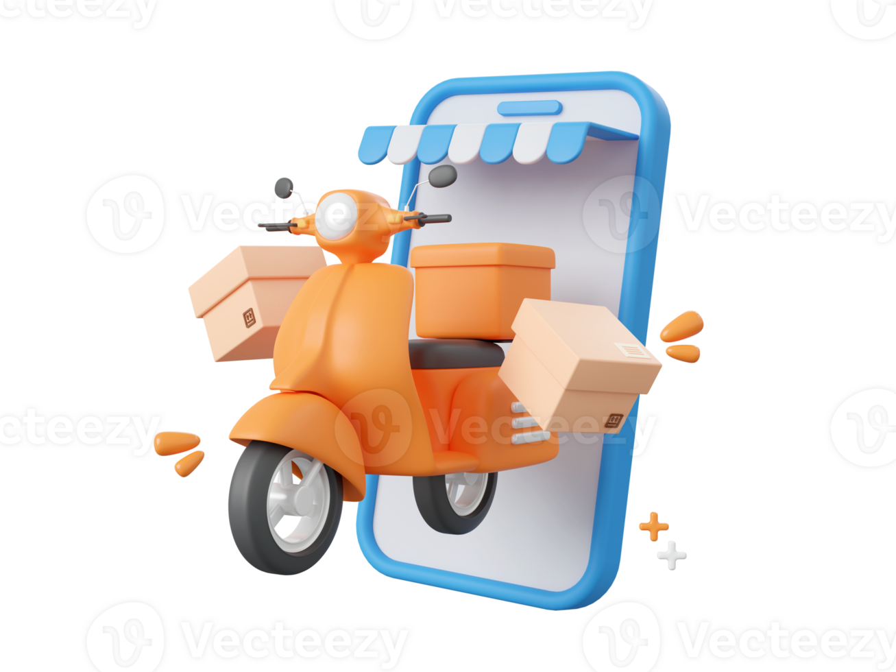 3d cartoon design illustration of Scooter shipping parcel boxes, Shopping and delivery service online on mobile. png