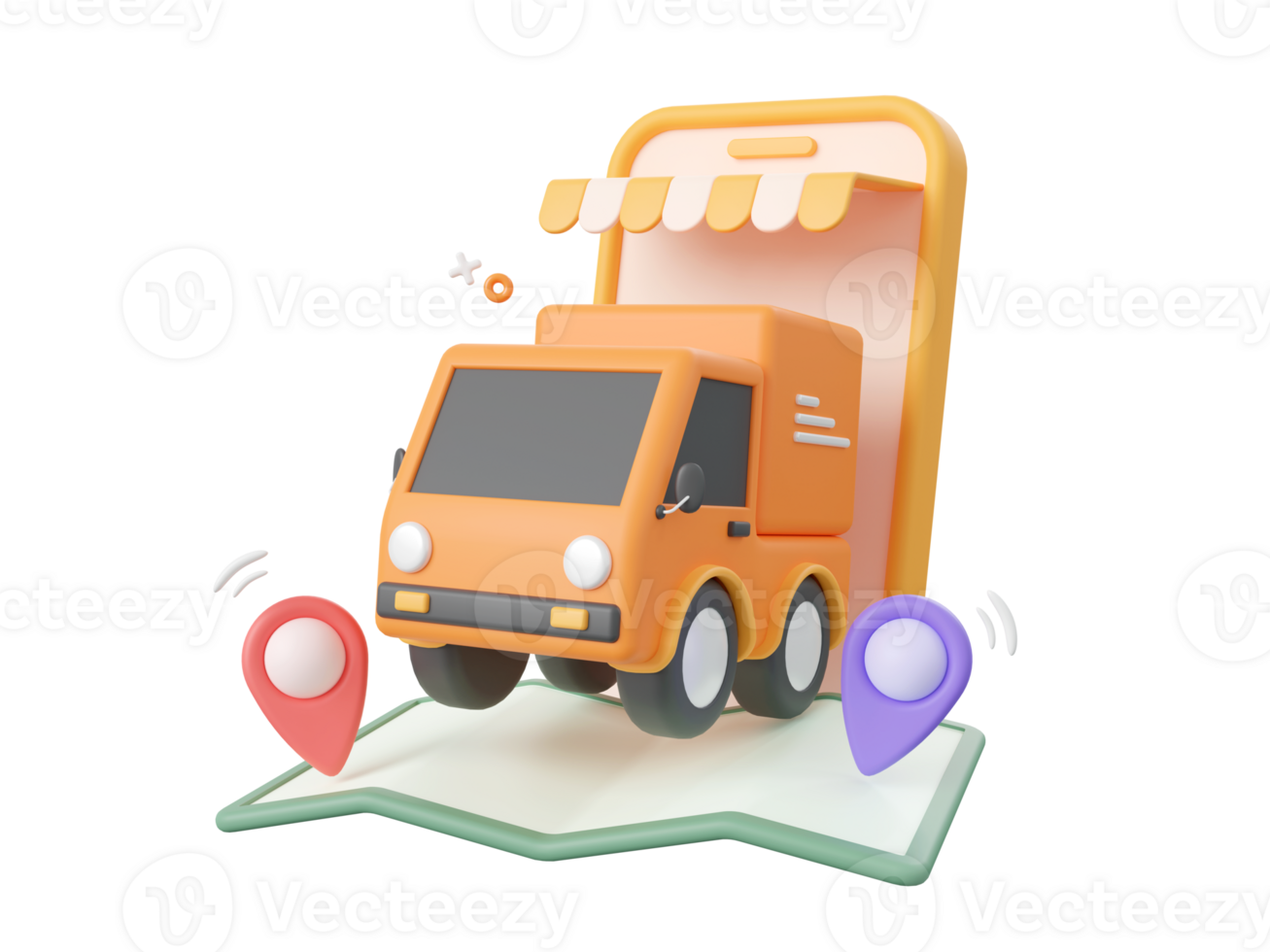 3d tecknad serie design illustration av leverans service på mobil, leverans lastbil med stift på Karta. png