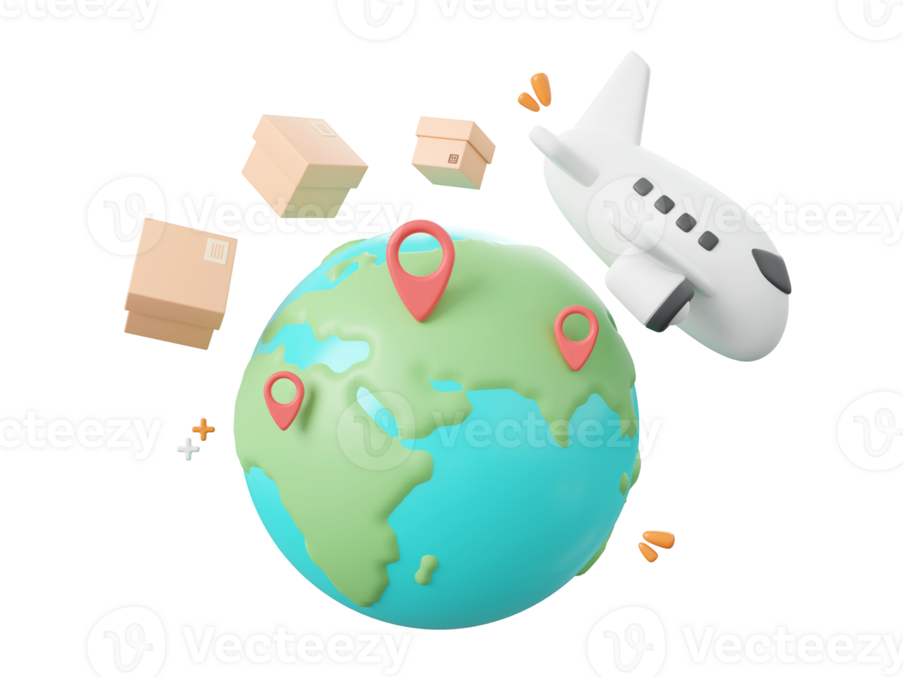 3d cartoon design illustration of Delivery airplane shipping parcel boxes with pin on globe, Global shopping and delivery service concept. png