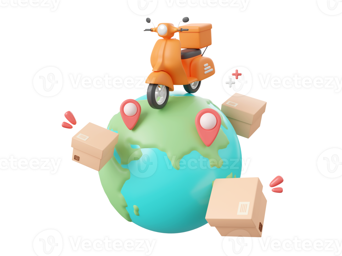 3d cartoon design illustration of Delivery scooter shipping parcel boxes with pin on globe, Global shopping and delivery service concept. png