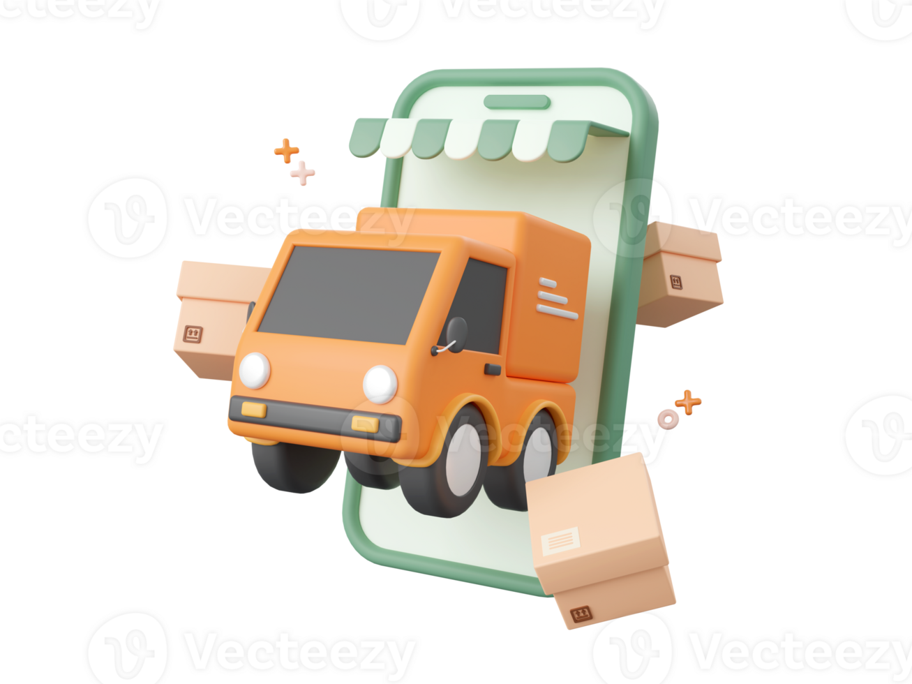 3d cartoon design illustration of Delivery truck shipping parcel boxes, Shopping and delivery service online. png