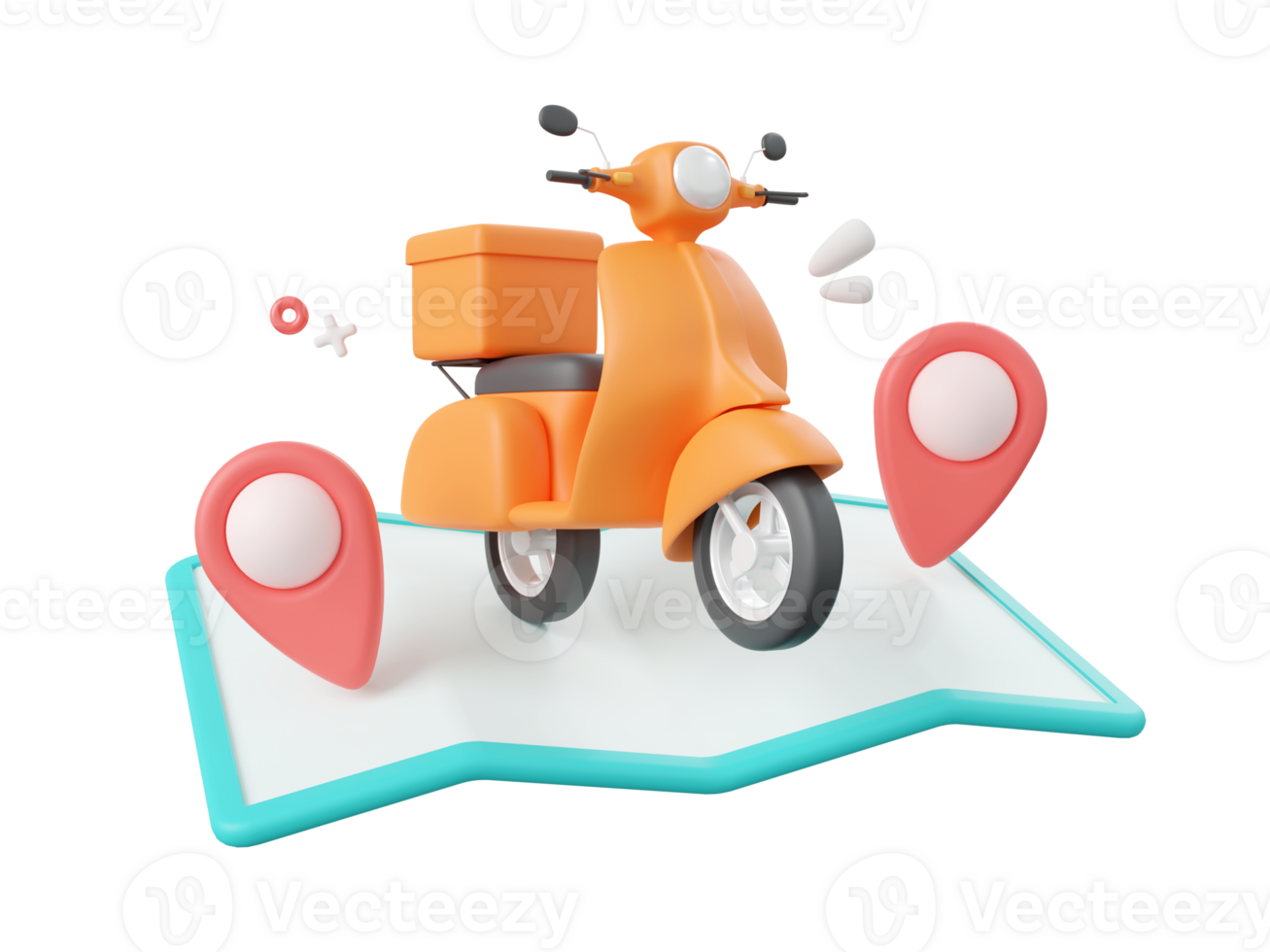 3d tekenfilm ontwerp illustratie van levering onderhoud, scooter met pinnen Aan kaart. png