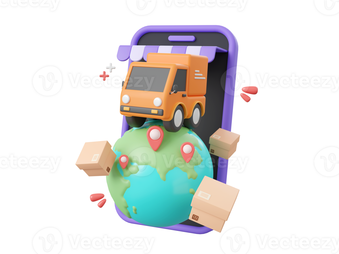 3d cartoon design illustration of Delivery truck shipping parcel boxes, Global shopping and delivery online service concept. png
