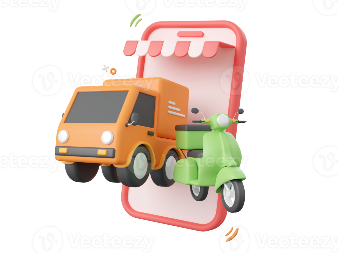 3d cartoon design illustration of Shopping online and delivery truck and scooter service on mobile. png