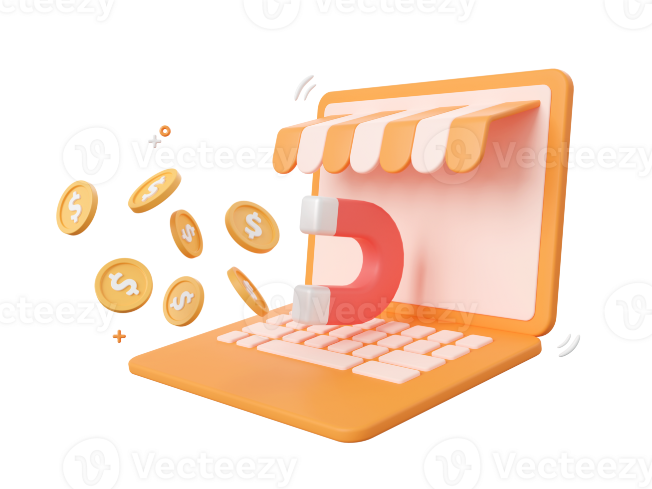 3d cartoon design illustration of Laptop store with magnet attracts gold coins. png