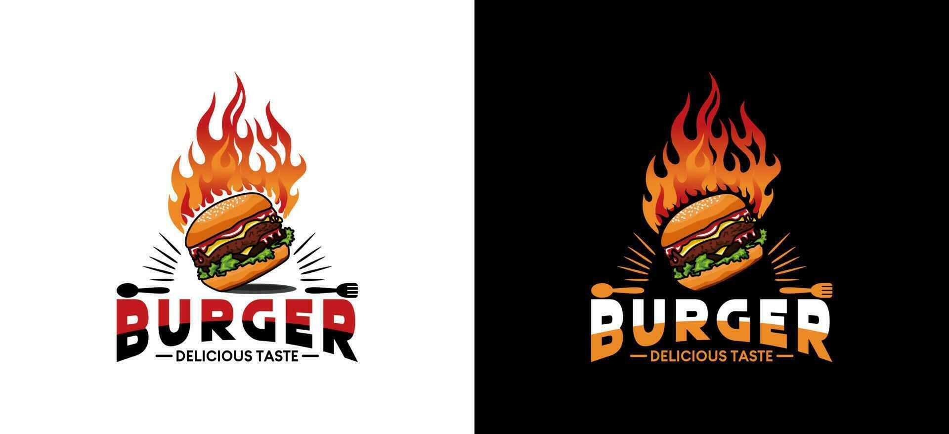 Hot burger logo design, buger and fire vector illustration