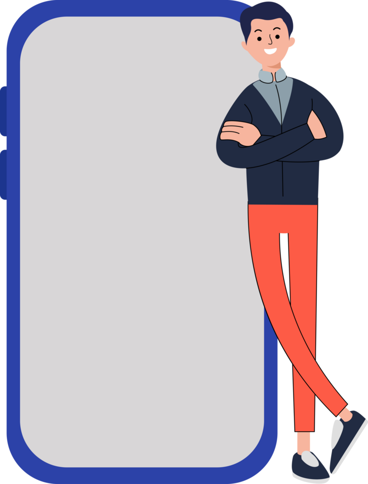 young man standing in front big phone template png