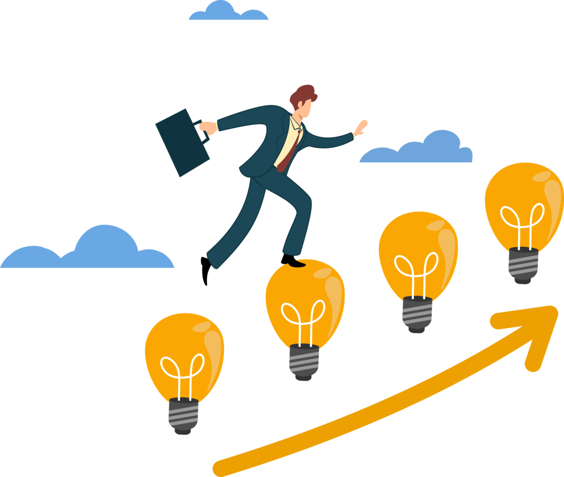 businessman come up with an idea. businessman climbing ladder from light bulb. idea concept png