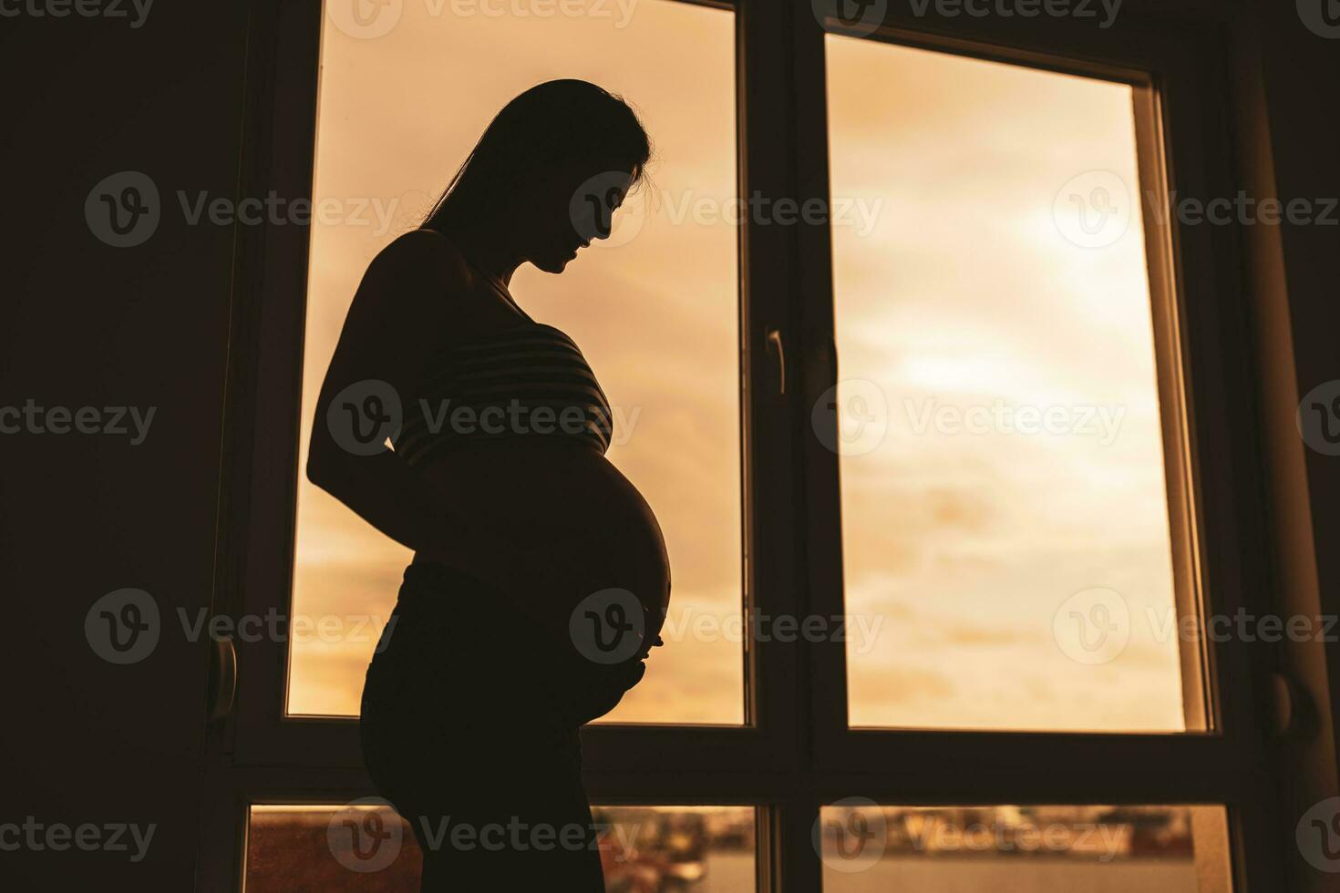 embarazada mujer en pie junto a ventana y participación su barriga. silueta de embarazada mujer. foto