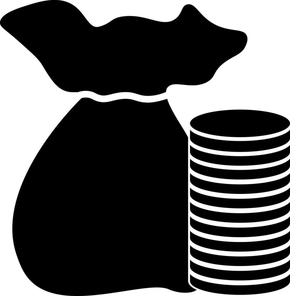 Black money bag and stack of coins. vector
