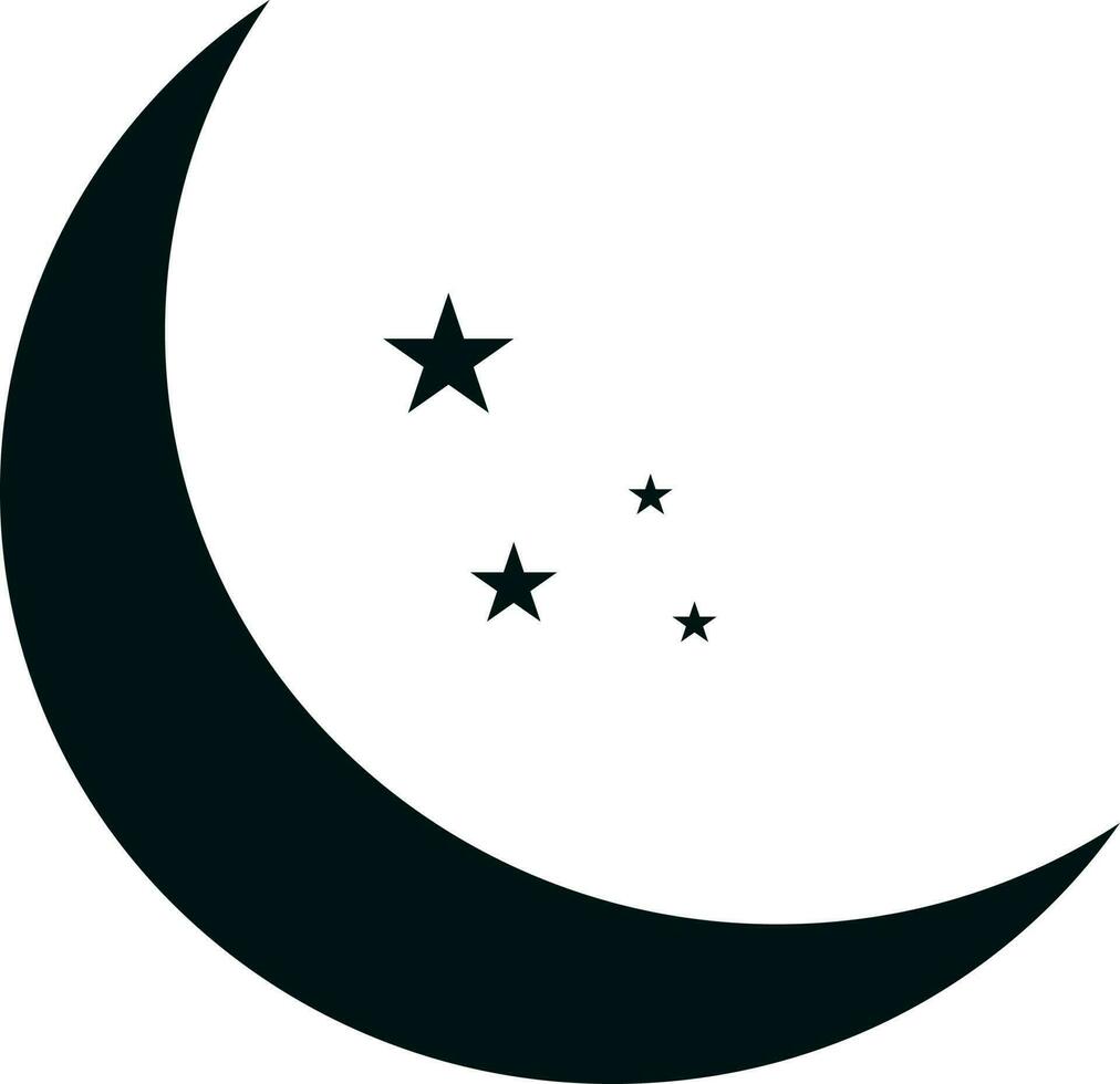 Black half moon with stars on white background. vector