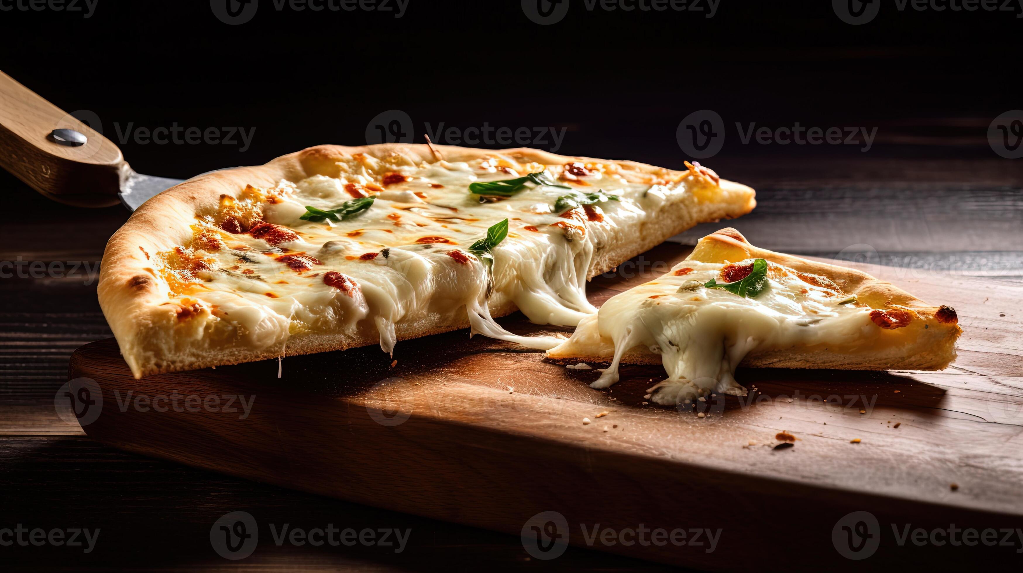 Delicious Stringy Cheese Pizza Slices with Knife on Wooden Board for