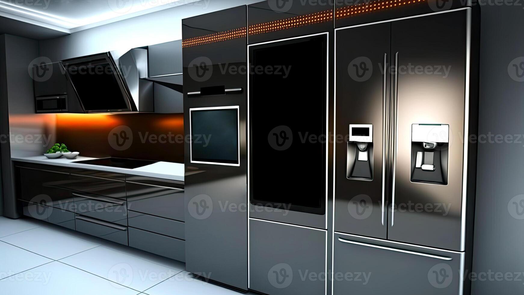 Kitchen with smart appliances with display screen and a smart oven with voice-controlled settings, concept of Smart Home and Artificial Intelligence, created with technology photo